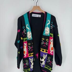 VTG BellePointe Colorblock Cat Cardigan Black Multicolor Knit Open Front Size M